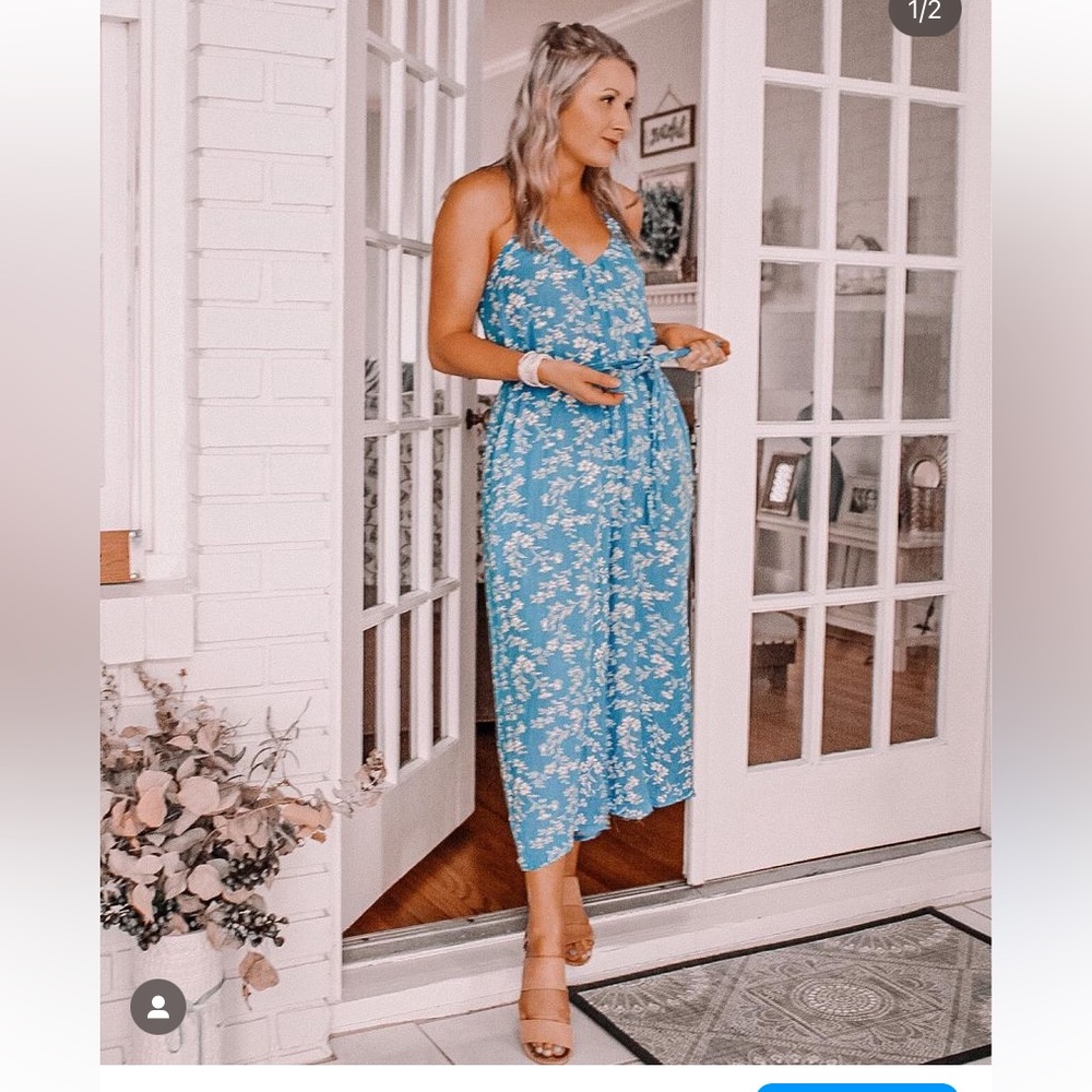 Blue jumpsuit, floral and super cute!!